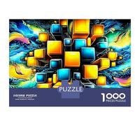 Océan Cube Puzzle 1000 Pièces Cubes Abstraits en Bleu et Jaune Puzzle De Haute Qualité en Carton Écologique, Détente Et Concentration pour Adultes Et Enfants 38x26cm/1000pcs