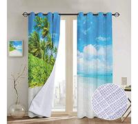 Ocean Paire de rideaux occultants Motif nuages sur l’île tropicale et le surfer au coucher du soleil, beige, jaune, bleu marine, larges rideaux occultants, pour garder au chaud 120"W x 96" L Coloris 05
