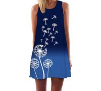 Ocean Plus Damen Ärmelloses Minikleid Digitaldruck Strandkleid Sommerkleid Tank Tops Rundhals Kurz A-Line Hemdkleid Blusekleid (S (EU 34-36), Pissenlit)