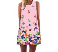 Ocean Plus Damen Ärmelloses Minikleid Digitaldruck Strandkleid Sommerkleid Tank Tops Rundhals Kurz A-Line Hemdkleid Blusekleid (XXL (EU 42-44), Papillon coloré sur Rose)