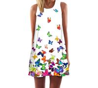 Ocean Plus Damen Ärmelloses Minikleid Digitaldruck Strandkleid Sommerkleid Tank Tops Rundhals Kurz A-Line Hemdkleid Blusekleid (S (EU 34-36), Papillons colorés sur Blanc)