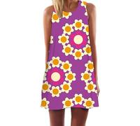 Ocean Plus Damen Ärmelloses Minikleid Digitaldruck Strandkleid Sommerkleid Tank Tops Rundhals Kurz A-Line Hemdkleid Blusekleid (XL (EU 40-42), Fleurs Violettes)