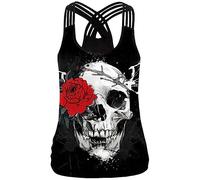 Ocean Plus Débardeur d'été sans manches pour femme - Dos en X - Criss Cross, Tête de squelette d'épines à fleurs rouges, XL