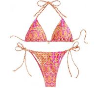 Ocean Plus Femme Boho Triangle Bikini Set avec Armatures Maillots de Bain Bandeau Slips avec Cordon de Serrage (S (EU 32-34), Motif Rouge Rose)