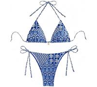 Ocean Plus Femme Boho Triangle Bikini Set avec Armatures Maillots de Bain Bandeau Slips avec Cordon de Serrage (S (EU 32-34), Motif Bleu Royal)