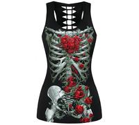Ocean Plus Femme Crâne Sport Débardeurs Gothique Cache-cœur Gilet d'entraînement sans Manches Chemise Criss Cross Noir T-Shirt Halloween (S (Brustumfang: 80 cm), Squelette de Roses)