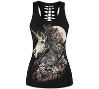 Ocean Plus Femme Crâne Sport Débardeurs Gothique Cache-cœur Gilet d'entraînement sans Manches Chemise Criss Cross Noir T-Shirt Halloween (XXL (Brustumfang: 104 cm), Crâne de Licorne 2)