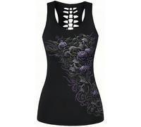 Ocean Plus Femme Crâne Sport Débardeurs Gothique Cache-cœur Gilet d'entraînement sans Manches Chemise Criss Cross Noir T-Shirt Halloween (S (Brustumfang: 80 cm), Rosier Violet)