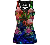 Ocean Plus Femme Crâne Sport Débardeurs Gothique Cache-cœur Gilet d'entraînement sans Manches Chemise Criss Cross Noir T-Shirt Halloween (S (Brustumfang: 80 cm), Fleurs Flamants Roses)