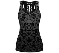 Ocean Plus Femme Crâne Sport Débardeurs Gothique Cache-cœur Gilet d'entraînement sans Manches Chemise Criss Cross Noir T-Shirt Halloween (S (Brustumfang: 80 cm), Crâne Sombre en Forme de Fleur)