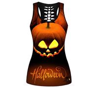 Ocean Plus Femme Crâne Sport Débardeurs Gothique Cache-cœur Gilet d'entraînement sans Manches Chemise Criss Cross Noir T-Shirt Halloween (M (Brustumfang: 86 cm), Citrouille d’Halloween)