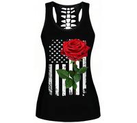 Ocean Plus Femme Crâne Sport Débardeurs Gothique Cache-cœur Gilet d'entraînement sans Manches Chemise Criss Cross Noir T-Shirt Halloween (L (Brustumfang: 92 cm), Bannière étoile de Rose Rouge)