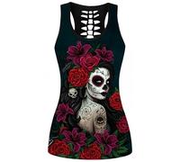 Ocean Plus Femme Crâne Sport Débardeurs Gothique Cache-cœur Gilet d'entraînement sans Manches Chemise Criss Cross Noir T-Shirt Halloween (L (Brustumfang: 92 cm), Grandes Fleurs Rouges Femme fantôme)