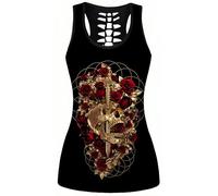 Ocean Plus Femme Crâne Sport Débardeurs Gothique Cache-cœur Gilet d'entraînement sans Manches Chemise Criss Cross Noir T-Shirt Halloween (M (Brustumfang: 86 cm), Roses Rouges et crâne doré)