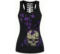 Ocean Plus Femme Crâne Sport Débardeurs Gothique Cache-cœur Gilet d'entraînement sans Manches Chemise Criss Cross Noir T-Shirt Halloween (M (Brustumfang: 86 cm), Crâne de Papillon Violet)