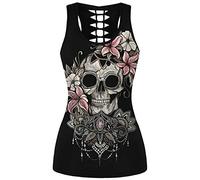 Ocean Plus Femme Crâne Sport Débardeurs Gothique Cache-cœur Gilet d'entraînement sans Manches Chemise Criss Cross Noir T-Shirt Halloween (S (Brustumfang: 80 cm), Crâne de Fleur)