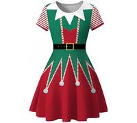 Ocean Plus Femmes Casual Ciel Étoilé Impression Numérique A-Line Robe à Manches Courtes avec Col Rond Robe à Manches Courtes Swingrock (XL (EU 38-40), Bandes Rouges et Blanches Elfe de Noël)