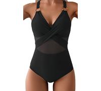Ocean Plus Femmes Couleurs Unies Maillot de Bain en Maille de Forme de Silhouette avec Bretelles sans Dos Maille Anneau en Métal avec Halter Maille One Piece (S (EU 34-36), Noir)
