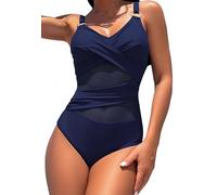 Ocean Plus Femmes Couleurs Unies Maillot de Bain en Maille de Forme de Silhouette avec Bretelles sans Dos Maille Anneau en Métal avec Halter Maille One Piece (S (EU 34-36), Blau)