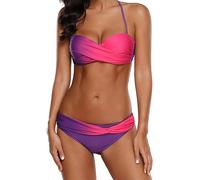 Ocean Plus Femmes Ensemble de Bikini Halter Multicolore Tie Dye Bandeau Twist Bikini Set Push up avec Boucle (S (EU 32-34), Rose)
