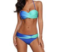 Ocean Plus Femmes Ensemble de Bikini Halter Multicolore Tie Dye Bandeau Twist Bikini Set Push up avec Boucle (S (EU 32-34), Bleu)