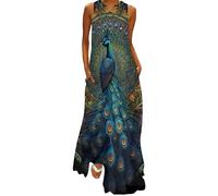 Ocean Plus Femmes Été Longueur de Sol Robes Femmes sans Manches Col en V Imprimé Maxi Robe Longue Robe (M, Paon)