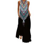 Ocean Plus Femmes Jupe Longue sans Manches Col V Robe Florale Imprimée Maxi Robe sans Manches avec Col en V (3XL, Décoration tribale Noire)