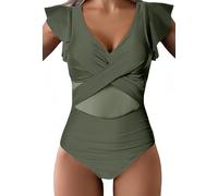 Ocean Plus Femmes Volant Maillot de Bain de Sport à Séchage Rapide en Filet avec Volants Forme de Silhouette Une Pièce avec Bretelles Maillot de Bain en Filet sans Dos (L (EU 38-40), Vert Olive)
