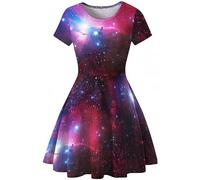 Ocean Plus Robe Femme à Imprimé Numérique Robe Trapèze Col Rond Manches Courtes Robe Décontractée à Taille Cintrée pour Été et Fêtes (M (EU 34-36), Nébuleuse Rose)