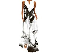 Ocean Plus Robe Longue sans Manches Col V Robe Décontractée Ample avec Poches Latérales Robe de Plage Vacances Femme Tailles S à 5XL (4XL, Peinture à l’Encre fumée Papillons)
