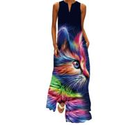 Ocean Plus Robe Maxi pour Femmes avec Imprimé Vintage Robe de Poche à Manches Longue et sans Manches (L, Chat coloré)