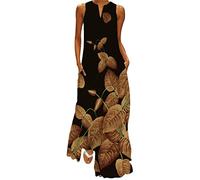 Ocean Plus Robe Maxi pour Femmes avec Imprimé Vintage Robe de Poche à Manches Longue et sans Manches (XL, Feuilles Brunes)