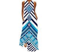 Ocean Plus Robe Maxi pour Femmes avec Imprimé Vintage Robe de Poche à Manches Longue et sans Manches (L, Rayures diagonales Bleues)