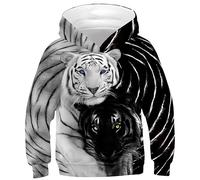 Ocean Plus Sweat à Capuche Imprimé Numérique Enfant Pull Coloré Garçon Manches Longues Cadeau Anniversaire Fille ou Garçon Unisexe (S (Hauteur: 125-130cm), Tigres Jumeaux Noirs et Blancs)
