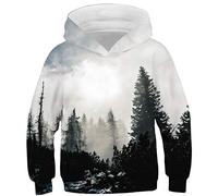 Ocean Plus Sweat à Capuche Imprimé Numérique Enfant Pull Coloré Garçon Manches Longues Cadeau Anniversaire Fille ou Garçon Unisexe (XL (Hauteur: 155-160cm), Forêt Brumeuse Gris et Blanc)