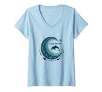 Ocean Rhythm Dolphin Wave Art, décoration de Plage et de Vie Marine T-Shirt avec Col en V, Femme, Bleu Céleste, XXL