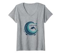 Ocean Rhythm Dolphin Wave Art, décoration de Plage et de Vie Marine T-Shirt avec Col en V, Femme, Gris Chiné, M