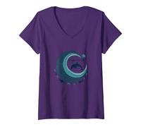 Ocean Rhythm Dolphin Wave Art, décoration de Plage et de Vie Marine T-Shirt avec Col en V, Femme, Violet, M