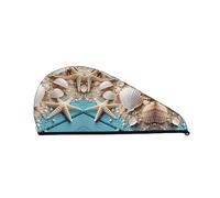Ocean Sea Beach Seashells Starfish Blue Bonnet de douche pour femme, bonnet de cheveux secs en velours corail absorbant serviettes à séchage rapide