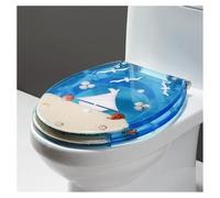 Ocean Series Art Abattant de toilette en résine à fermeture lente avec couvercle Effet 3D Robuste avec dauphin, étoile de mer, coquillages et sable pour toilettes de type U/V/O Fermé