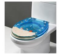 Ocean Series Art Abattant de toilette en résine à fermeture lente avec couvercle Effet 3D Robuste avec dauphin, étoile de mer, coquillages et sable pour toilettes de type U/V/O Fermé
