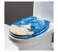 Ocean Series Art Abattant de WC en résine à fermeture lente avec effets 3D, couvercle de toilette robuste avec dauphin, étoile de mer, coquillages et sable pour toilettes de type U/V/O