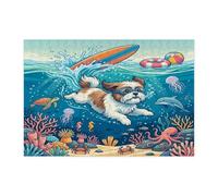 Ocean Shih Tzu Puzzle de plongée en bois pour adultes - 300 pièces - Chiot d'été - Motif côtier - Décoration sous-marine pour divertissement à la maison