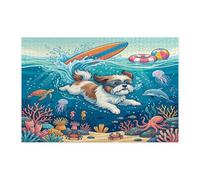 Ocean Shih Tzu Puzzle de plongée en bois pour adultes de 1 000 pièces, chiot d'été en bois côtier, décoration sous-marine pour divertissement à domicile
