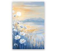 Ocean Sunset Seascape Canvas Print - Blue Coastal Painting with Wildflowers for Bathroom Wall Art Decor, Abstract Nature Landscape(Framed,08x12inch(20x30cm))