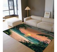 Océan Vert Tapis Plantes Tropicales Coucher de Soleil Paysage de Plage Mince Porte Tapis pour Salon Salle à Manger Chambre Dortoir Antidérapant Lavable 90 x 150 cm