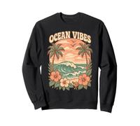 Ocean Vibes Retro Beach Wave Hibiscus Fleur Coucher de Soleil Côtier Sweatshirt