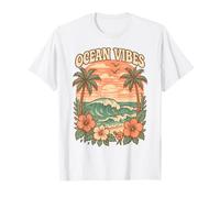Ocean Vibes Retro Beach Wave Hibiscus Fleur Coucher de Soleil Côtier T-Shirt