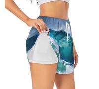 Ocean Wave Print Short de sport double couche pour femme avec poches S-XXL, blanc, Taille M