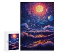 Ocean Waves Under Full Moon, 300 PCS Puzzle Décoratif en Bois, Idée Cadeau Festive - À Assembler, Encadrer Et Exposer